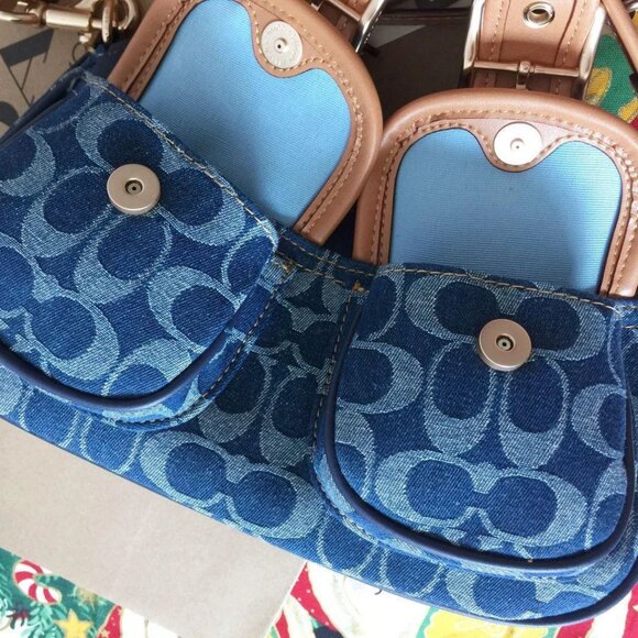 Coach Denim Blue and Tan Buckle Shoulder Bag - Picture 4 of 9